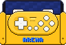 Pixel art: a yellow 8BitDo Zero 2 in a yellow phone clip with ARENA across the front in blue