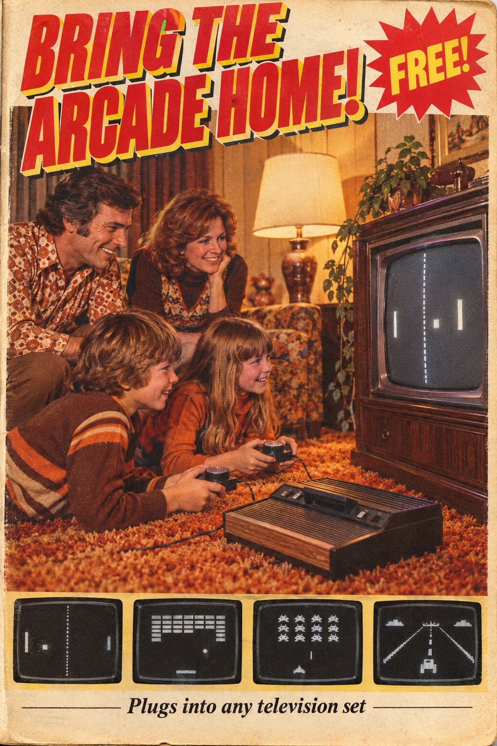 A 1977 magazine advertisement: a family on a shag carpet in front of a wood-cabinet TV showing a bat-and-ball game, a wood-grain console with two paddle controllers, the headline BRING THE ARCADE HOME! and a FREE! starburst