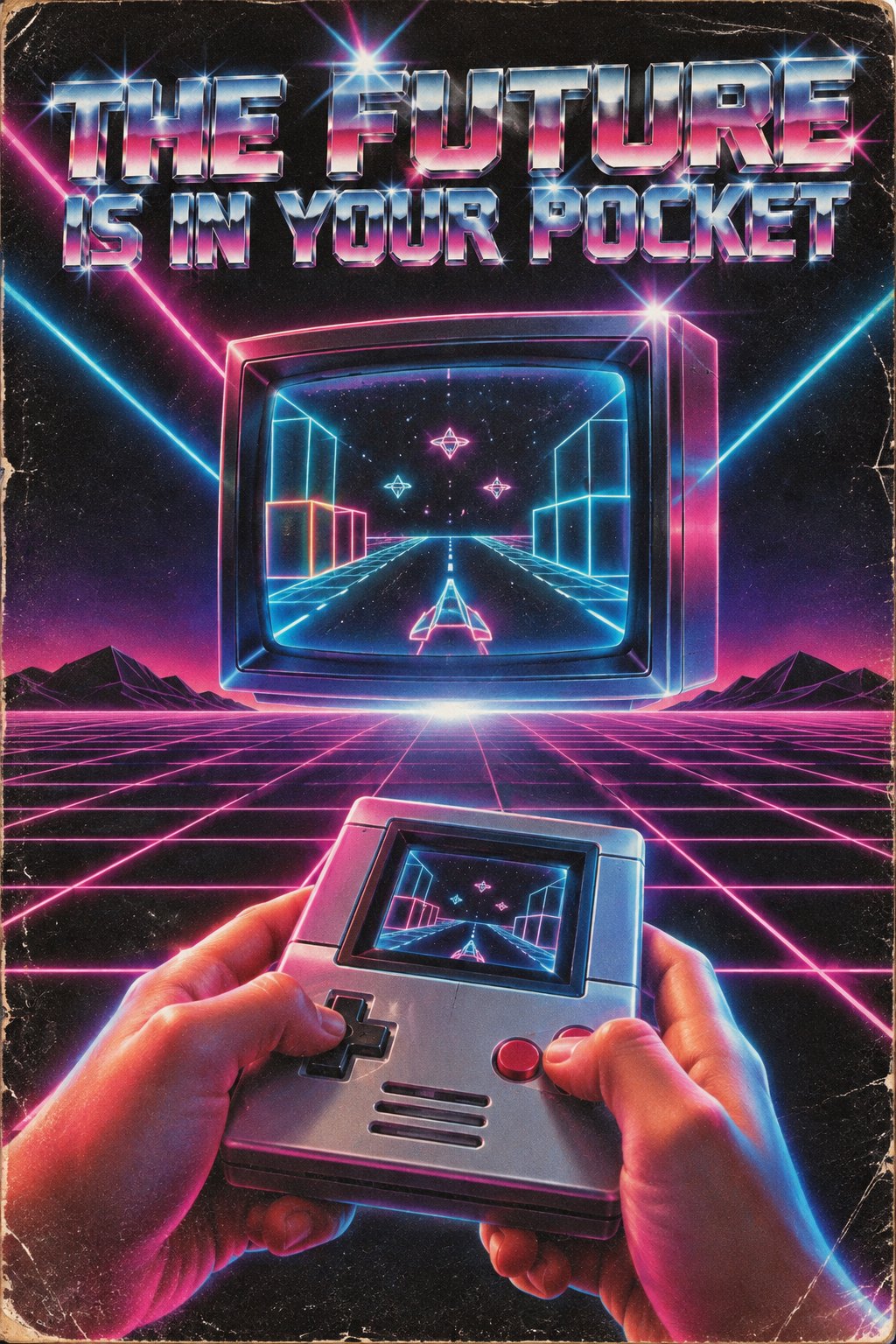 A 1985 poster-style advertisement: chrome lettering reading THE FUTURE IS IN YOUR POCKET over a tube TV floating on a neon grid showing a wireframe racing game, with hands holding a grey handheld console showing the same game