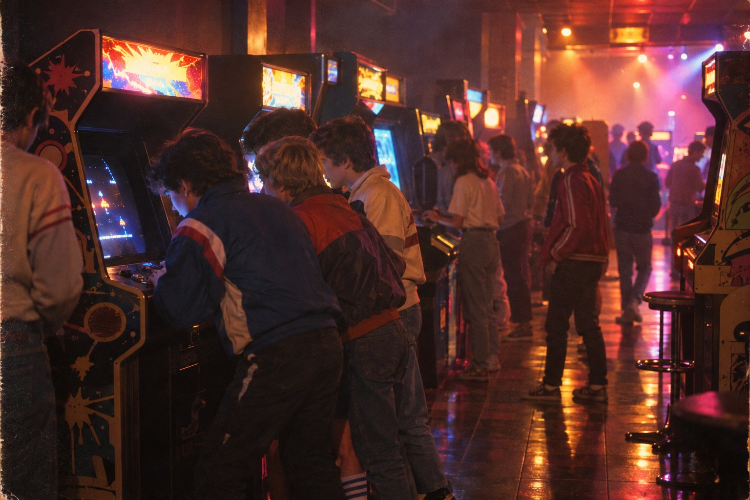 A crowded arcade at night: teenagers in satin jackets leaning over a row of cabinets, the screens and marquees glowing, coloured lights and haze in the back of the hall