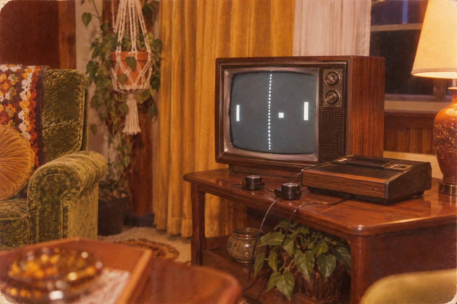 A 1977 living room: a wood-cabinet television on a side table showing a bat-and-ball game, a wood-grain console with two paddle dials beside it, gold curtains, a green velvet armchair and a macramé plant hanger