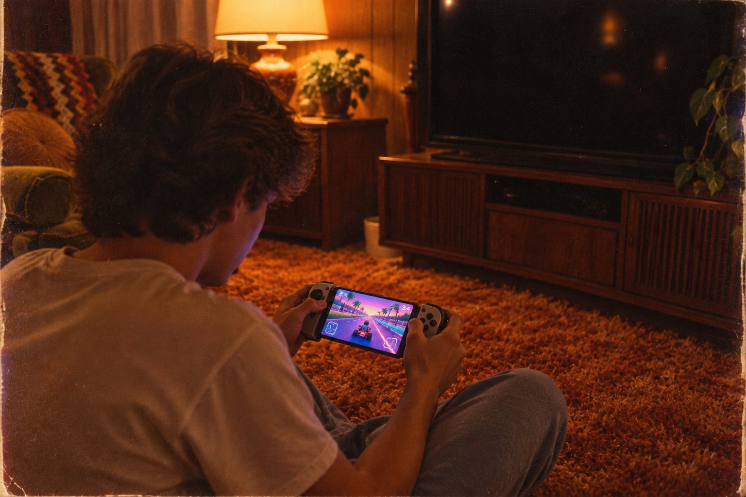 A teenager sitting on an orange shag carpet in front of a switched-off modern television, playing a neon kart-racing game on a phone with a clip-on controller