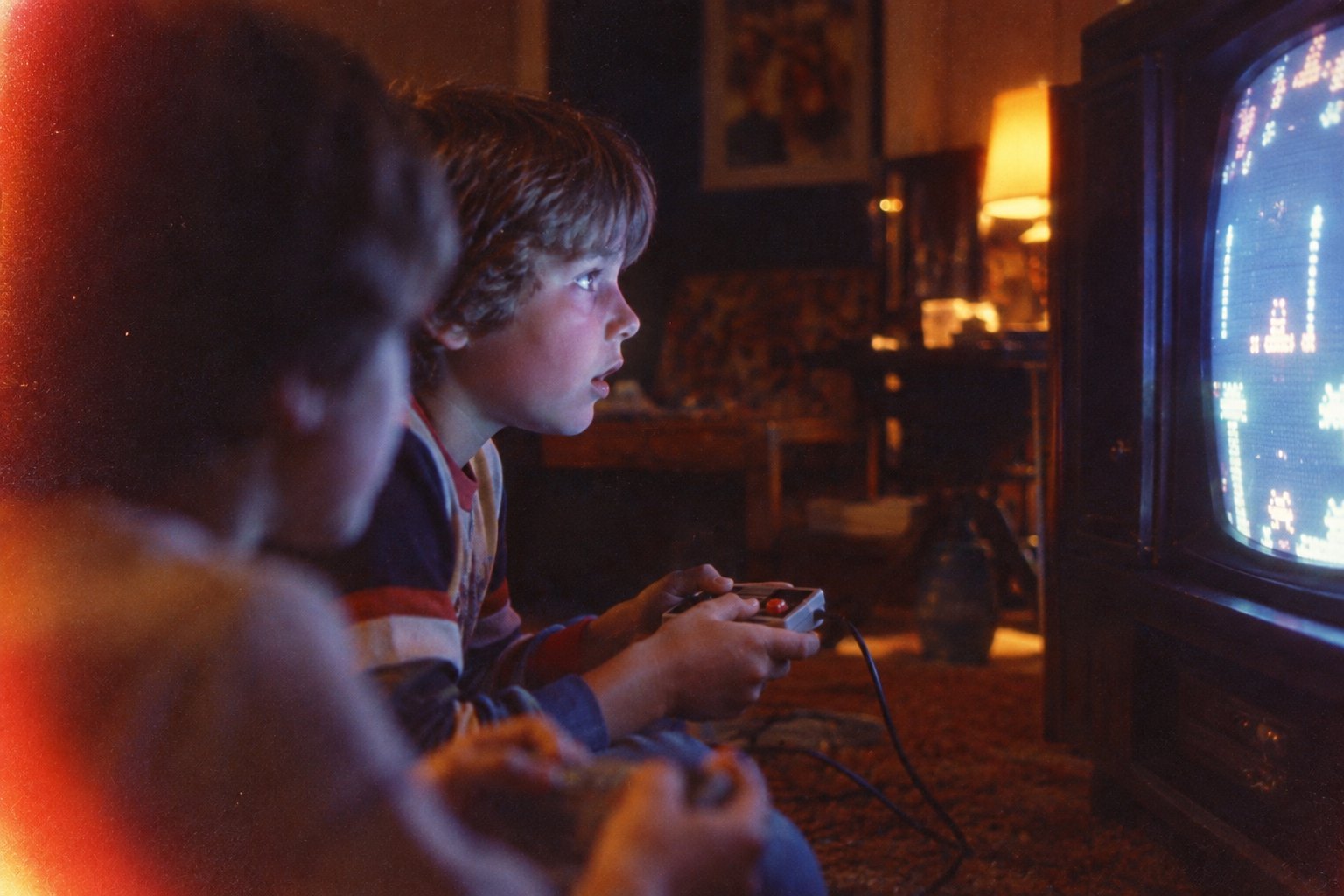 A child's face lit by the glow of a tube television, holding a game controller, a second child blurred in the foreground