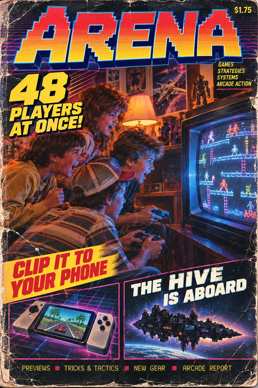 A worn games-magazine cover titled ARENA: four kids crowded round a tube television playing a ladder-climbing game, with the cover lines 48 PLAYERS AT ONCE!, CLIP IT TO YOUR PHONE over a phone in a clip-on controller, and THE HIVE IS ABOARD over a spaceship