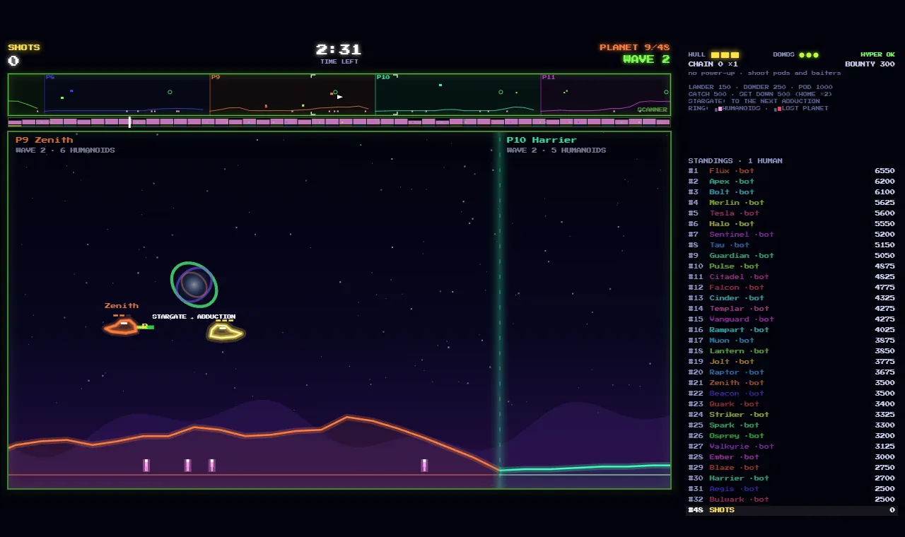 ABDUCTION ARENA: two ships over neon mountains near a planet's warp seam