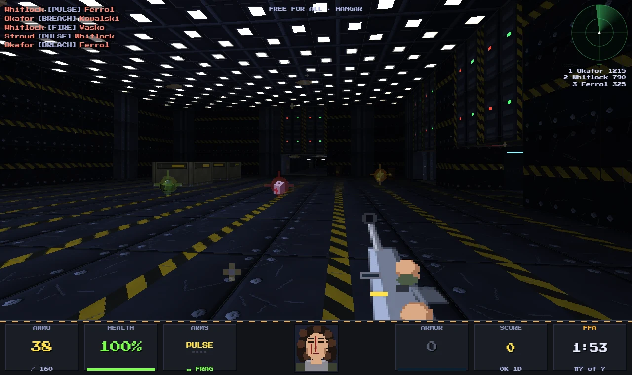 ALIEN ARENA: a first-person view down a flickering reactor deck, a pulse rifle raised, the motion tracker and Sgt Weaver in the dock