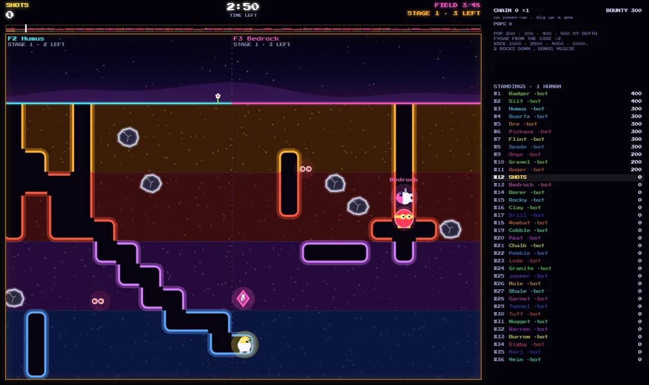 DIG IT ARENA: tunnels through layered neon dirt with rocks, gems and enemies