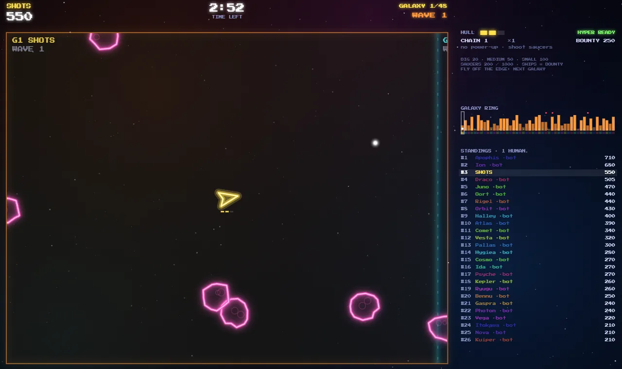 METEORS ARENA: a vector ship among glowing pink meteors