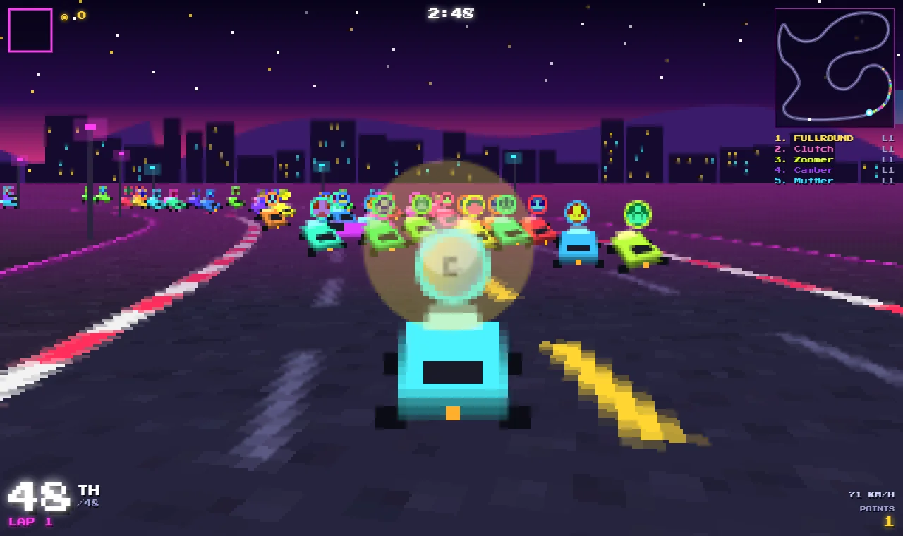 RING ROAD ARENA: a pack of karts with their drivers' avatars racing into a neon city at sunset